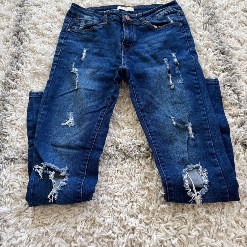 Forever 21 Dark Blue Distressed Skinny Jeans